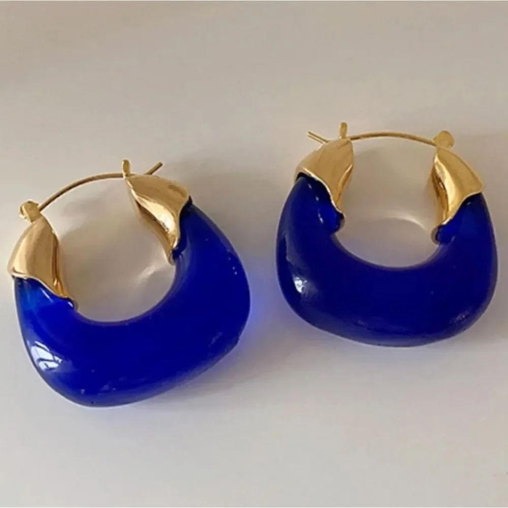 Dark Blue Geometric Resin Chunky Hoop Earrings